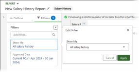 Screenshot showing Show me filter with all salary history selected